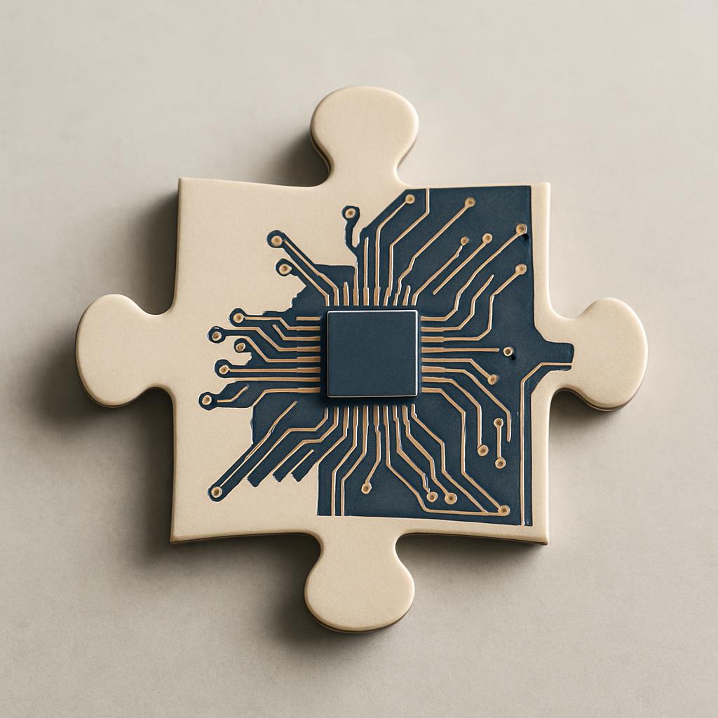A clipart image of a computer chip in a puzzle piece, representing technology as fitting together.