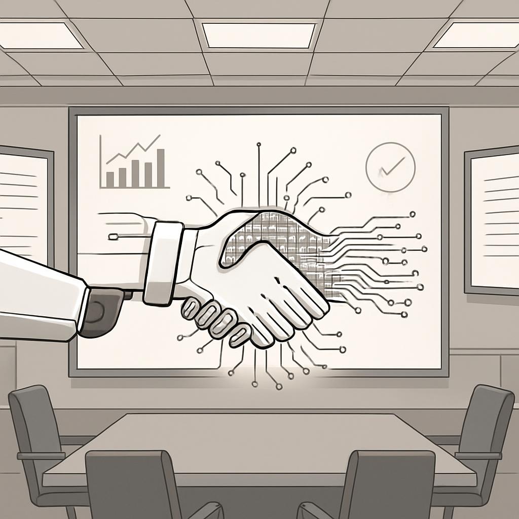 A grayscale cartoon lines drawing shows someone shaking hands with something like a circuit board presented on a big TV sc...